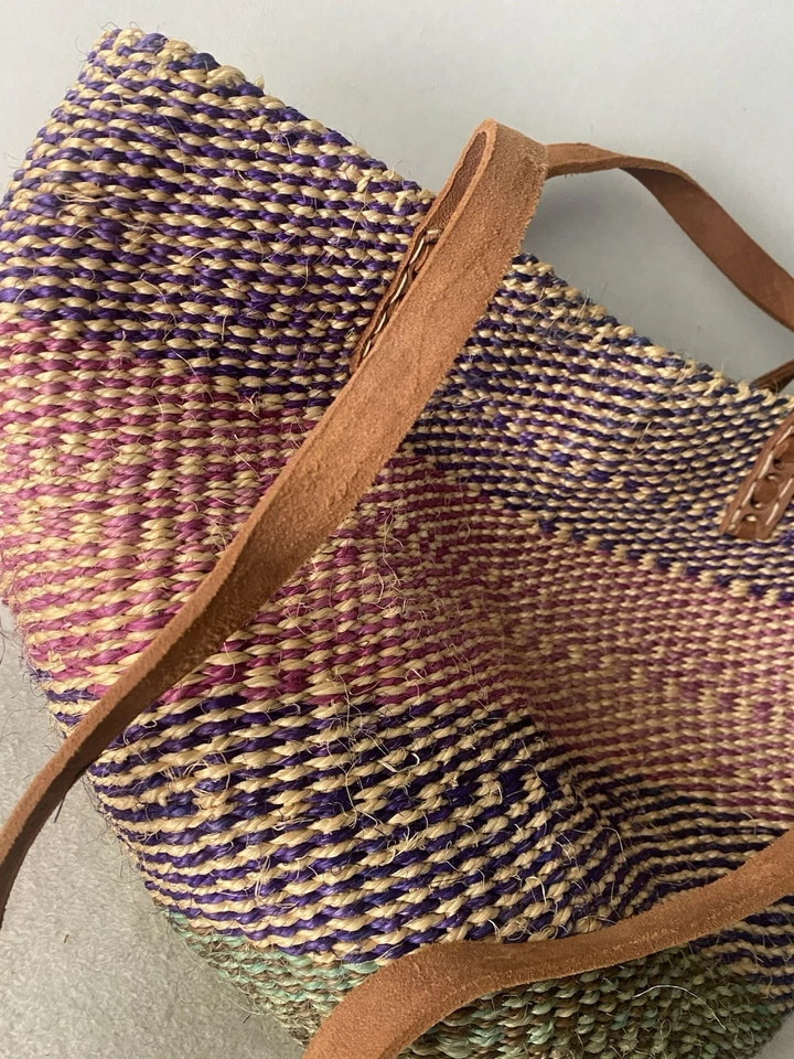 Bolso de Mano Vintage Mercado de Sisal Cuero Yute Grande Étnico Boho Africano Grande Foto 2 de 4