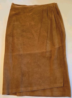 Vintage 70s 80s Bagatelle Suede Wrap Midi Skirt Womens 12 Caramel Brown Pleated 