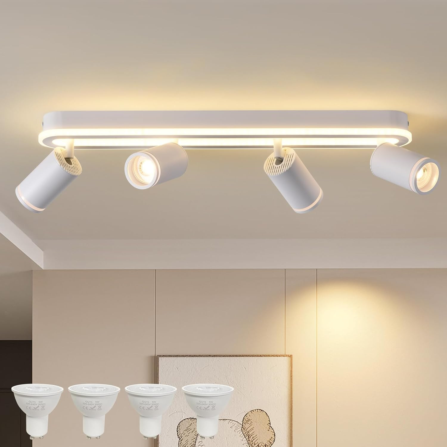 Plafoniera 4 Fiamme Orientabile 350°,Faretti Led Soffitto Con Bagliore Inferiore