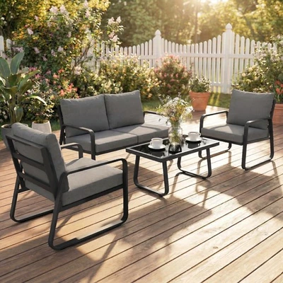 4 Piece Garden Furniture Set, Outdoor Sofa Set with Loveseat, Armchairs, Table - Image 1 of 4