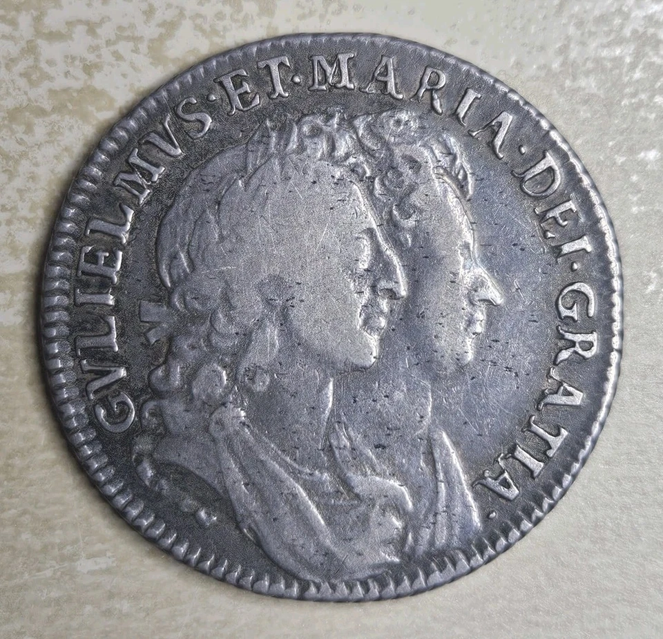 Reino Unido Gran Bretaña Chelín 1693/0 Plata VF William and Mary Foto 4 de 4