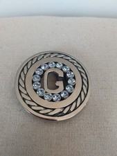 Silver Tone Belt Buckle with Letter G Accented with Blue Rhinestones