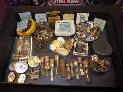 ''VINTAGE ANTIQUE SWISS Misc WATCH PARTS LOT'' w/Tins & Vials Z31