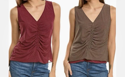 Cabi Sassy Top #4549 M Reversible Tile Print Ruched Sleeveless Shine Collection