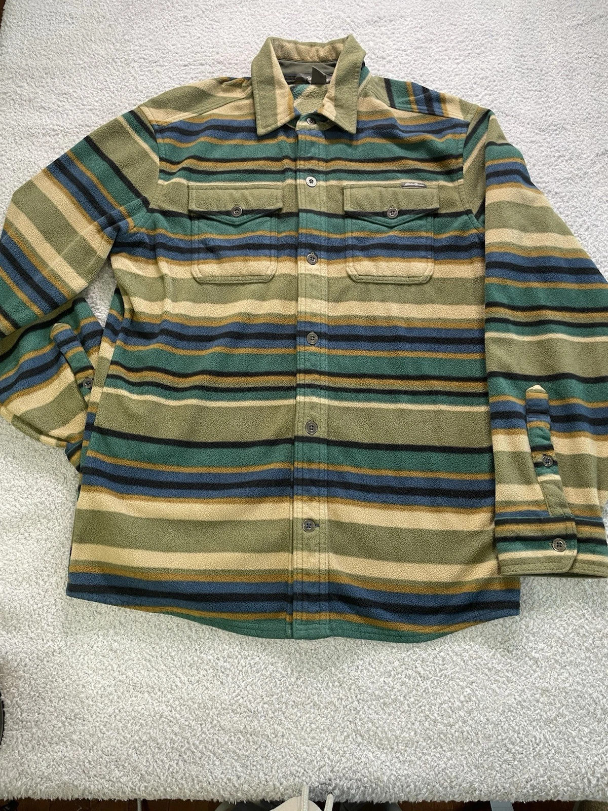 Eddie Bauer Jacket Men Small Striped Green Fleece Button Up Colorful Collared