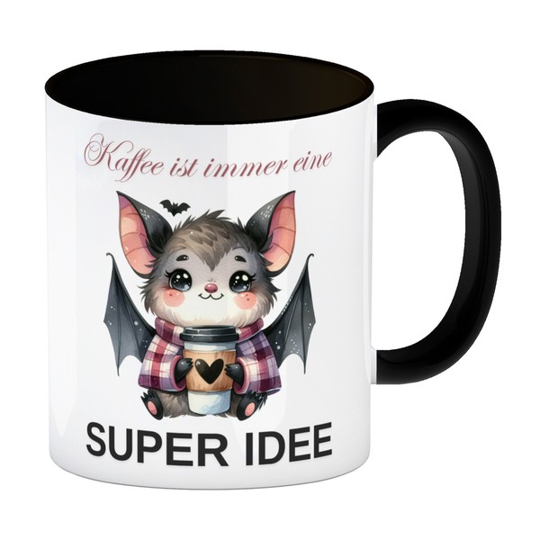 Fledermaus Mit Kaffeebecher In Schwarz Kaffeebecher In Schwarz Mit Spruch-image