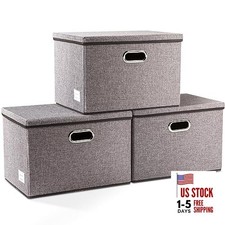 Large Collapsible Storage Bins with Lids 3-Pack Linen/Cotton L 3-Pack Gray