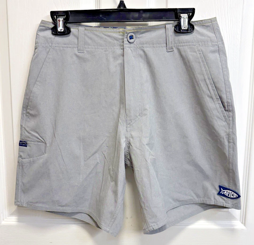 AFTCO Shorts Men's 28 Cloudburst Fishing Shorts 7" Gray Performance Logo Chino