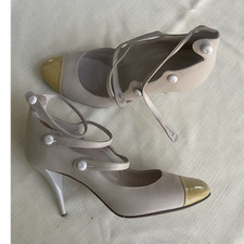 CHANEL Beige Yellow Cap Toe Ankle Strap Buckle Leather Stiletto Pumps 8