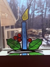 Vtg Christmas Candle Stained Glass Leaded Suncatcher Hanging Ornament Holly