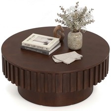 Round Coffee Table w/ Storage, Wooden Drum Coffee Table w/ Hidden Compartment