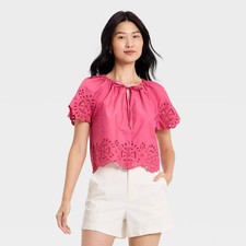 Women's Short Sleeve V-Neck Button-Front Eyelet Blouse - A New Day