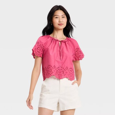 Women Short Sleeve V-Neck Button-Front Eyelet Blouse - A