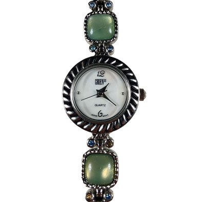 Vtg Gruen II Women GRT167 Dress Green Stones Silver Tone Bracelet Watch