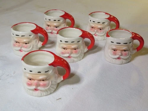 VINTAGE CERAMIC MINATURE SANTA CLAUS HEAD MUGS EGGNOG SHOT GLASSES JAPAN
