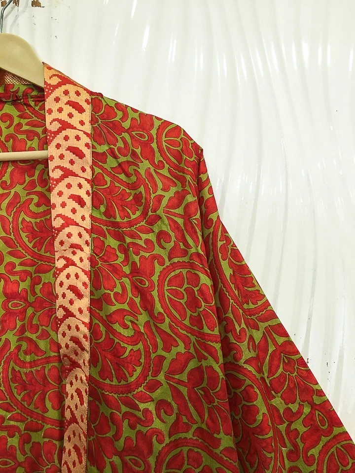 Bata kimono midi de seda pura hasta la rodilla vestido kimono de seda verde MKMO2202 Foto 4 de 4