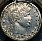 Miss Liberty 25 Cents 1908 Barber Quarter Federal Republic United States XF PCGS