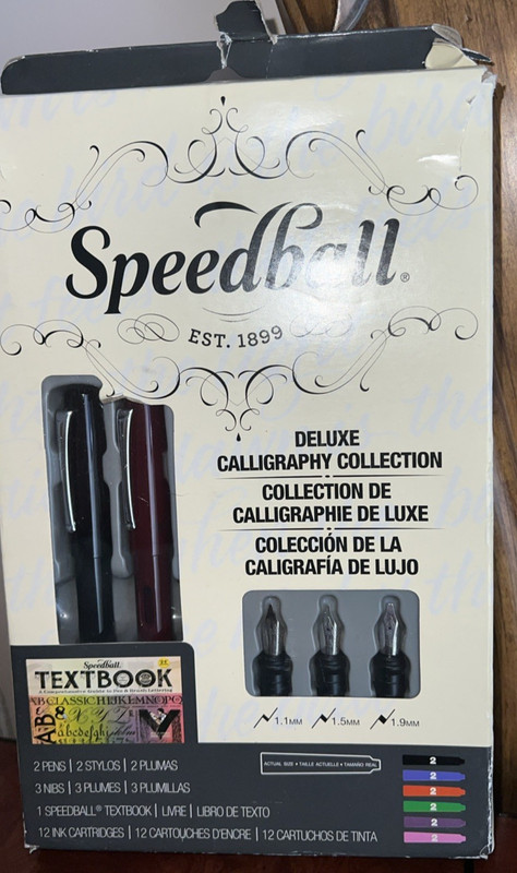 Speedball Deluxe Calligraphy Collection Fountain 2 Pens 3 Nibs 12 Ink Cartridges
