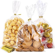 Clear Cellophane Treat Bags 6 x 10 in, 100 Pack Bag with Twist Ties, Bags for