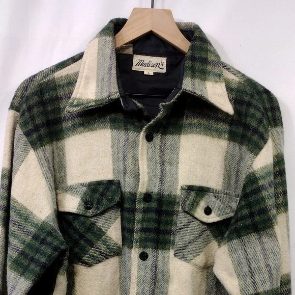 Chaqueta retro vintage de franela de mezcla de lana y lino Madison para hombre L verde blanco boho Foto 2 de 4