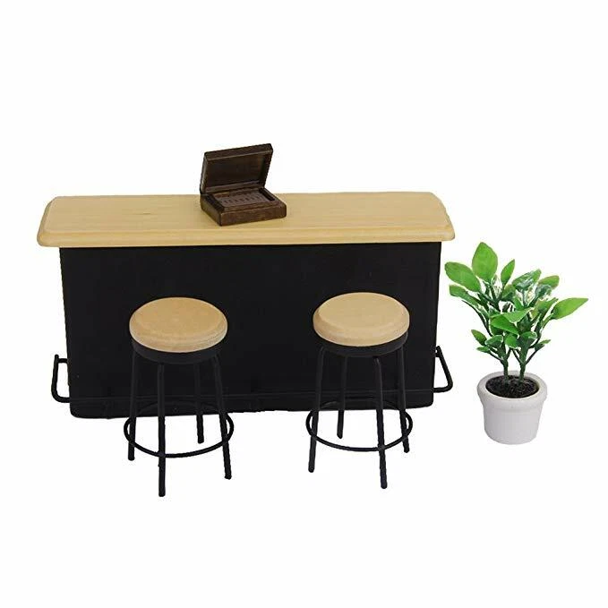 Dollhouse Miniature Furniture 1:12 Model Mini Table Taproom Bar Counter 2 Stools - Image 4 of 4