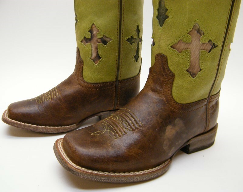 ARIAT 10014122 Youth Ranchero Brn Lime Green Cross Camo Square Toe