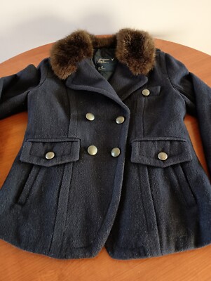 American Eagle Womens Coat Medium Blue Wool Fur Collar Double Breasted  Peacoat