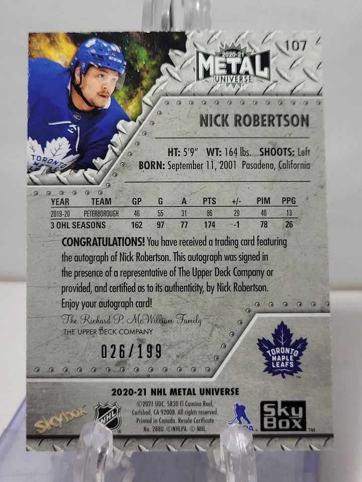 2020-21 Skybox Metal Universe Rookies Auto /199 Card #107 – Nick Robertson - Image 2 of 2