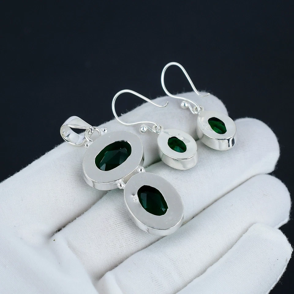 Conjunto de pingente e brincos de prata esterlina 925 com pedra preciosa de diópsido cromado - Imagem 4 de 4