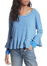 Free People “We The Free” Peplum  Hem Striped Long Sleeve Top Ocean Blue-Small