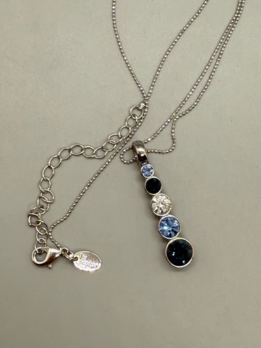 Lia Sophia “Ciao” Silver Tone Necklace w/5 Blue & Clear Crystal Stones Pendant