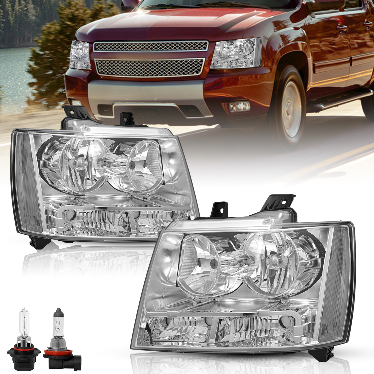 Pair For 2007-2014 Chevy Avalanche Suburban Tahoe Chrome Halogen Headlights Sets