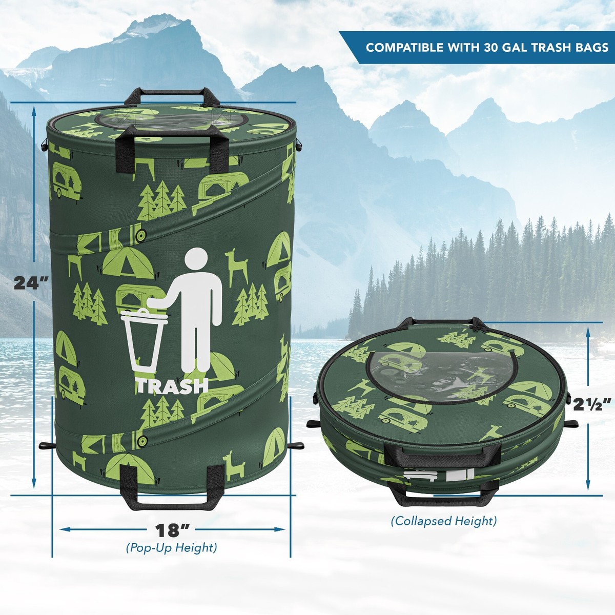 Collapsible Trash Can Pop Up 30 Gal for Garbage with Zippered Lid