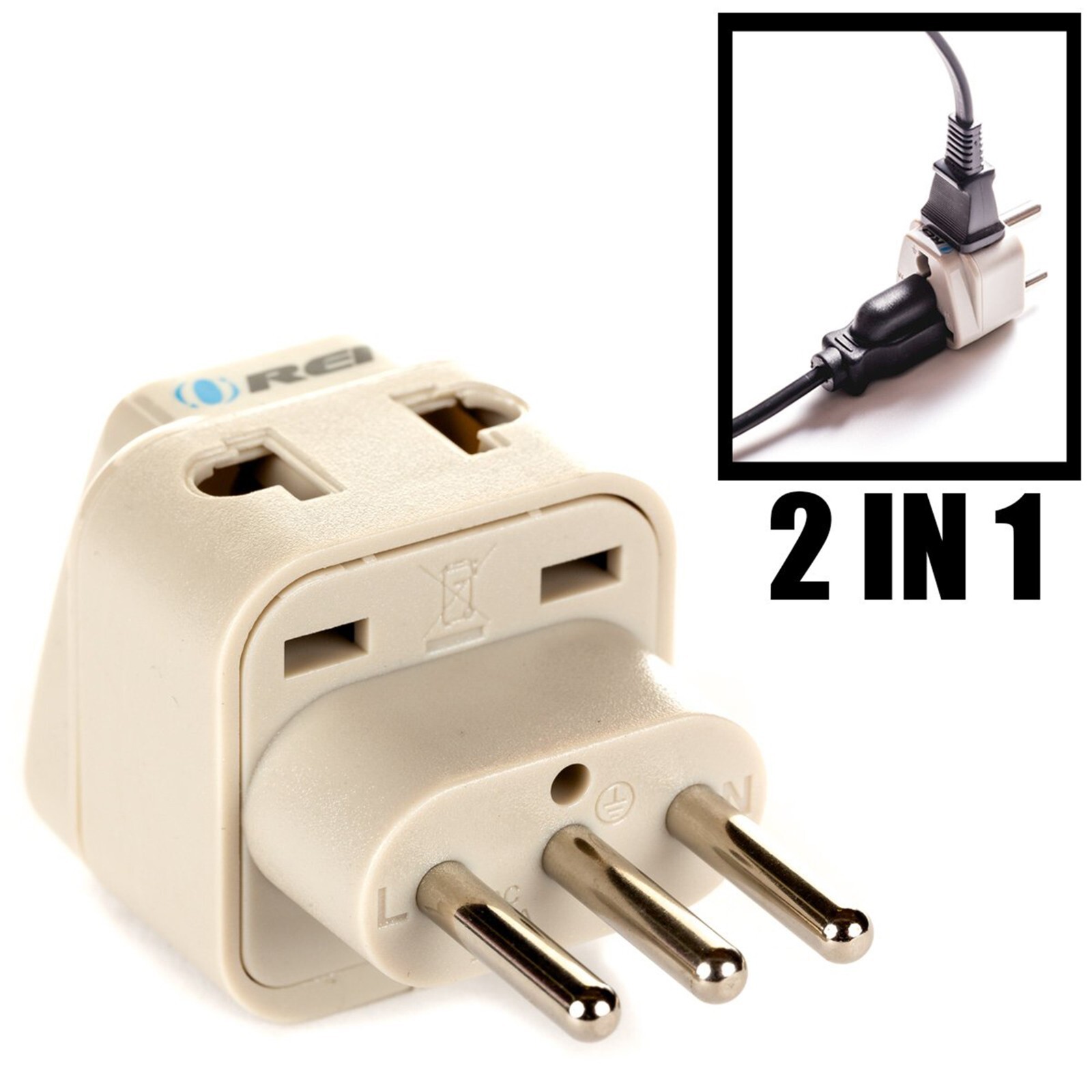 OREI USA to Italy, Libya, Chile & More (Type L) Travel Adapter Plug -2PK - Beige