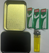 Large Unhinge Cigarette Tobacco Stash Black Matt Metal Tin 3 Swan Paper1 Lighter