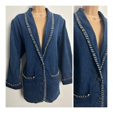 Vintage 80s CAMBRIDGE DRY GOODS Cotton Denim Blazer With Weave Trim Size 12-14