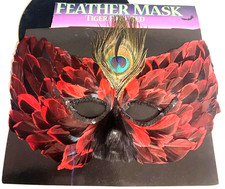 Venetian or Mardi Gras style Mask Peacock  Red Feathers One Size