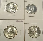 LOT OF 4 BU WASHINGTON QUARTERS 1958 1959 1960-D 1961-D 0.7233 oz SILVER 25c