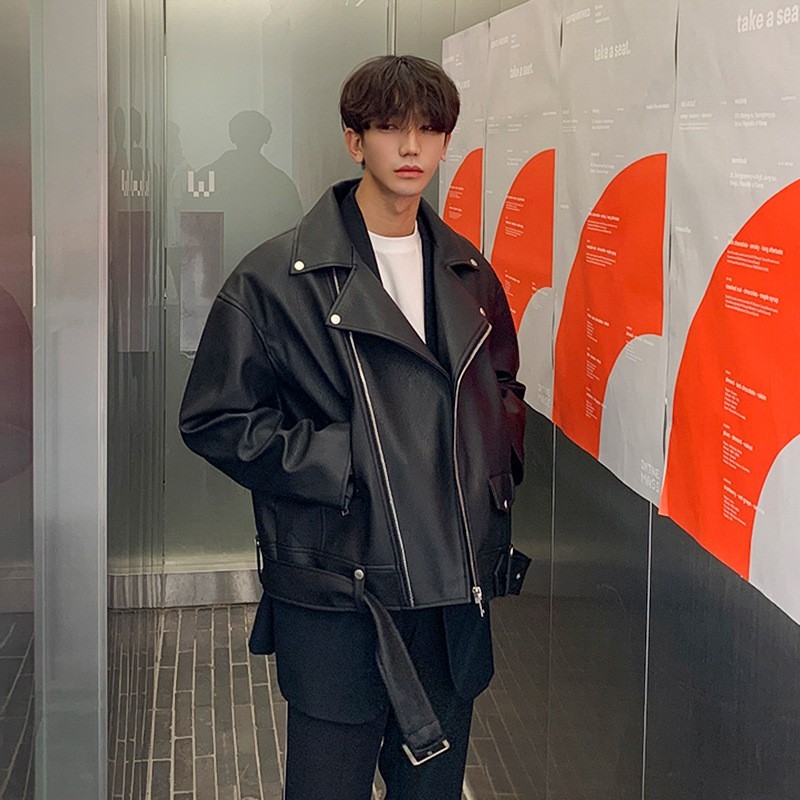 Men’s Slim Fit Leather Jacket with Oblique Zipper – Trendy Biker Style