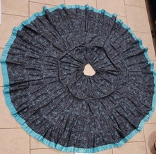 Vintage Style Folk Square Dance Skirt Blue Black Tiered Full Circle Ribbon Hem