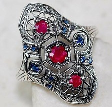 1CT Treated Ruby  Sapphire 925 Sterling Silver Filigree Ring Sz 7 FB-3