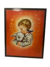 Vintage Charlot Mid Century Religious Art Boy With Lamb Bird Wood Plaque