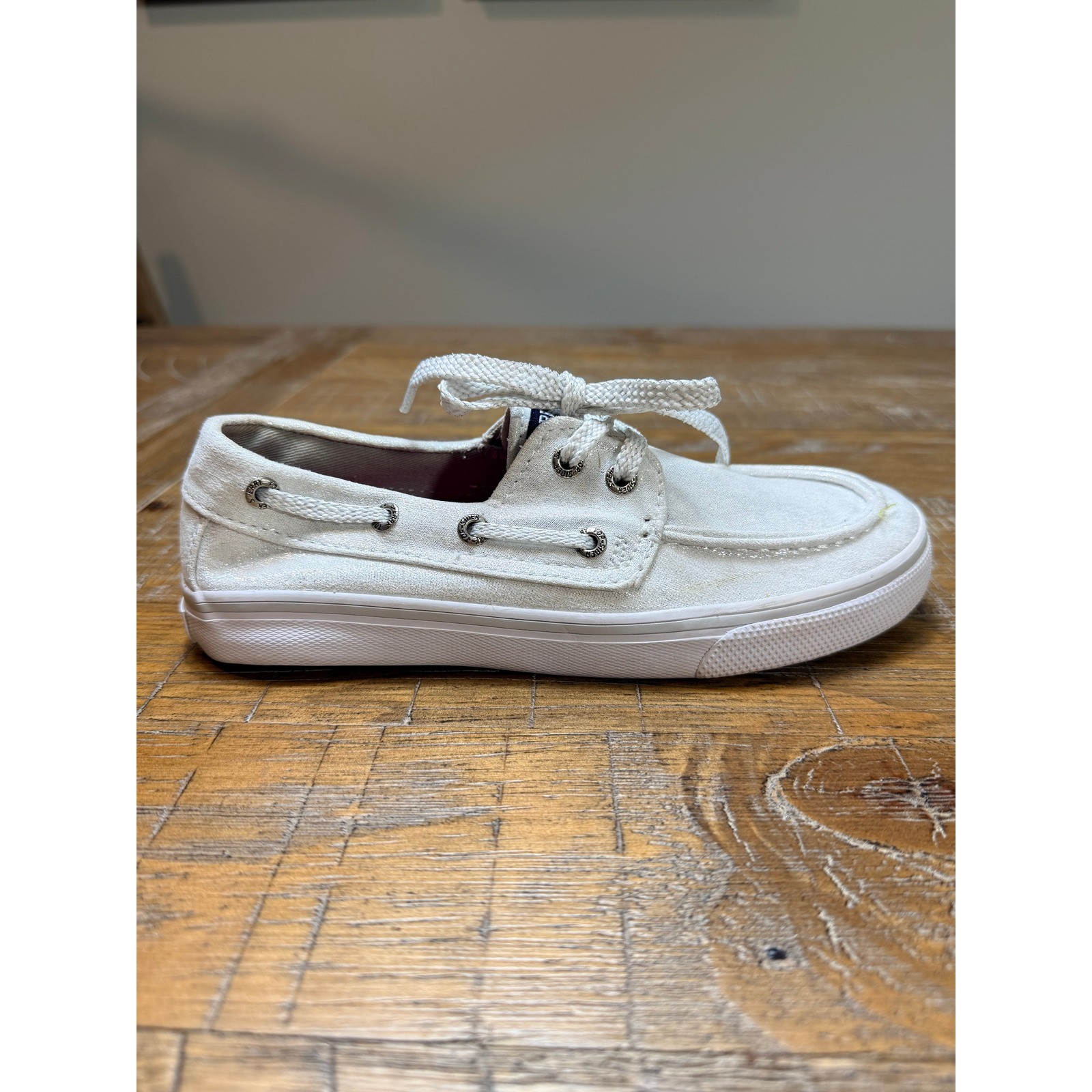 Sperry Top-Sider Bahama Kids White Shimmer Boat Shoes Sneakers Size 2M 2 Sparkle
