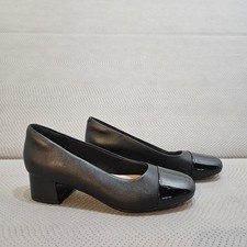 Clarks Marilyn Sara Pumps Women's Leather Cap Toe Patent Block Heel Black Size 7