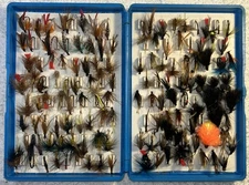 136 Trout Flies in Fox Fly Box Var. Patterns & Sizes of Nymphs, Dry & Wet Flies