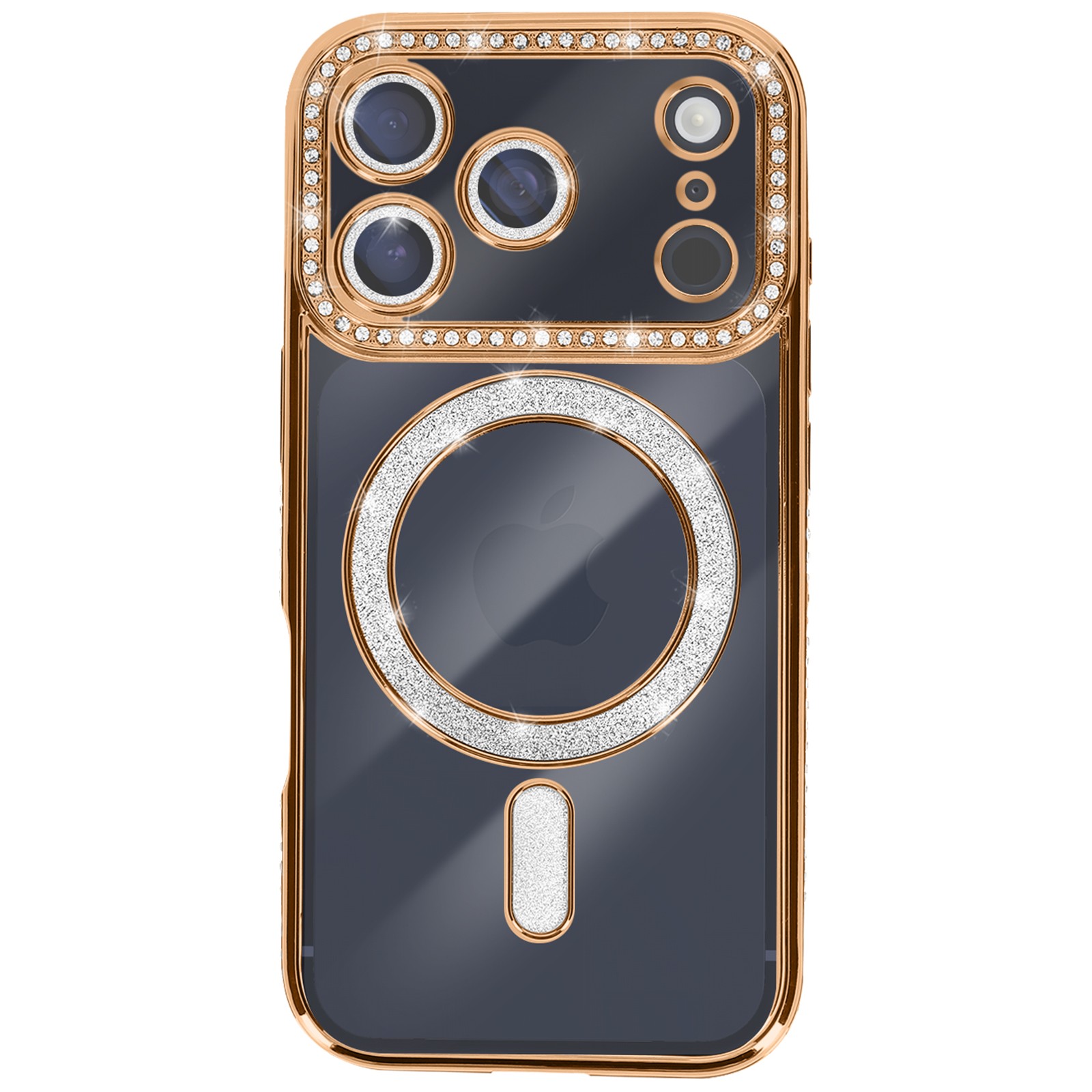 Coque iPhone 17 Pro Avizar en silicone transparent avec contour strass doré