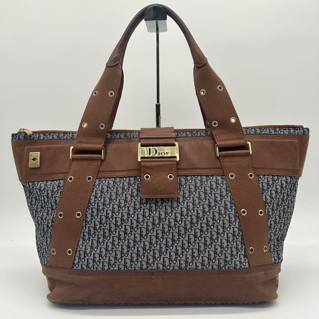 Christian Dior Street Chic Trotter Navy Canvas Leather Tote Handbag Rare