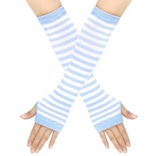 Knit Arm Warmer Thumb Hole Stretchy Gloves Women Long One Size 2 Blue White