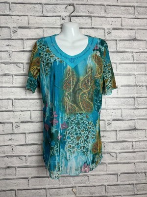 AProductZ Blue Y2K Boho Paisley Pattern Mesh Overlay Lettuce Frill Top - UK 16