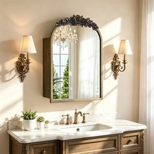 Vintage Medicine Cabinet Arched Mirror Cabinet Wall Mount 3-Tier Gold Art Decor